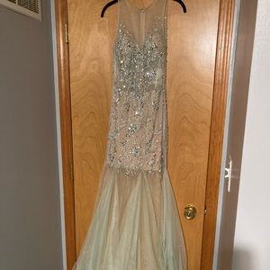 Sequined Sheer Tooling Long Formal Aqua/Green/Nude